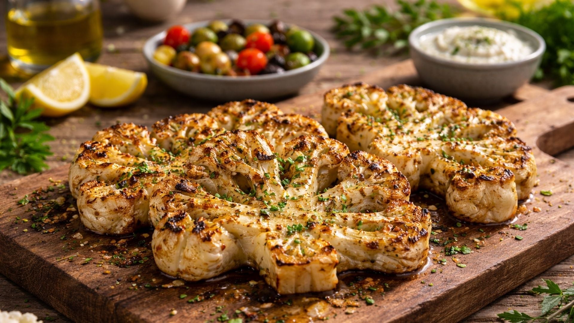 Gegrillte Blumenkohl-Steaks mit Röstaromen und mediterraner Würze als vegetarisches Grillgericht
