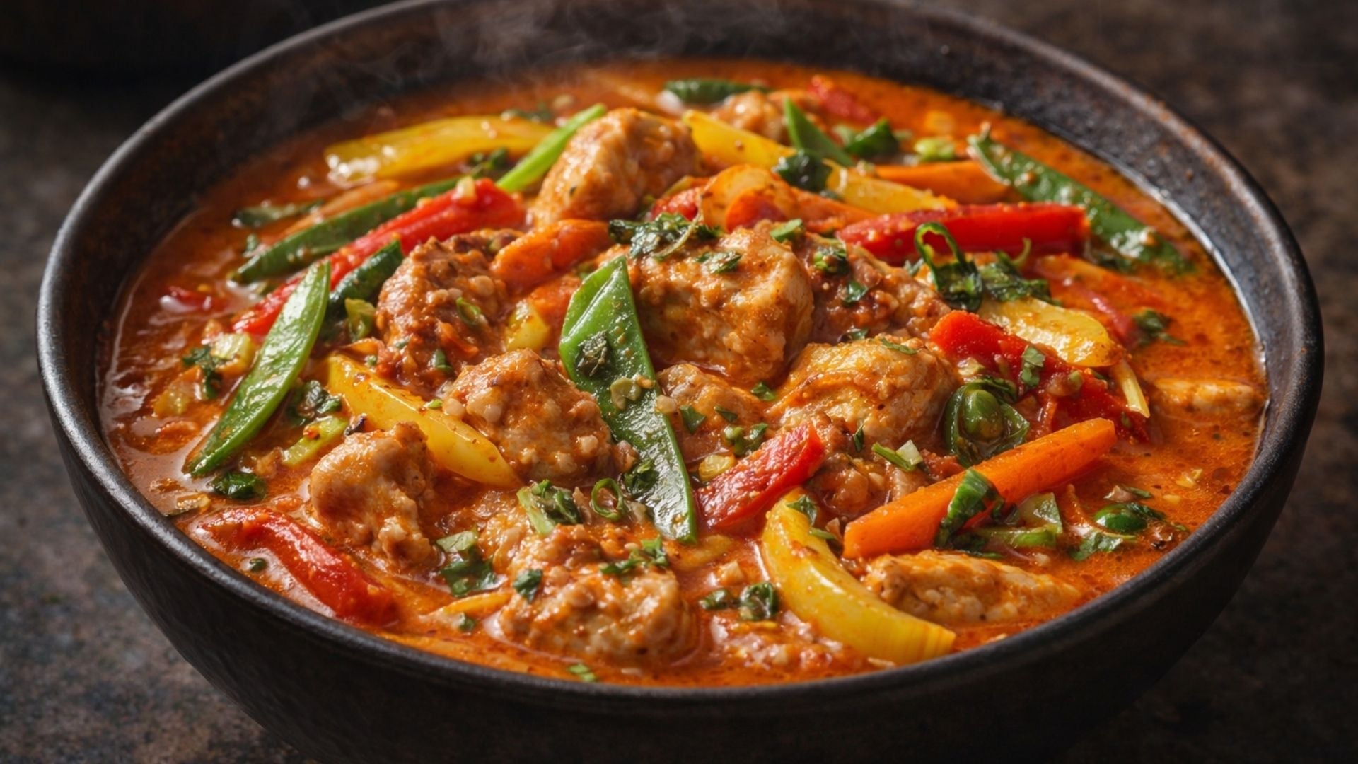 Cremiges rotes Curry mit Kokosmilch, zartem Fleisch, knackigem Gemüse und aromatischem Taiwan Gewürz