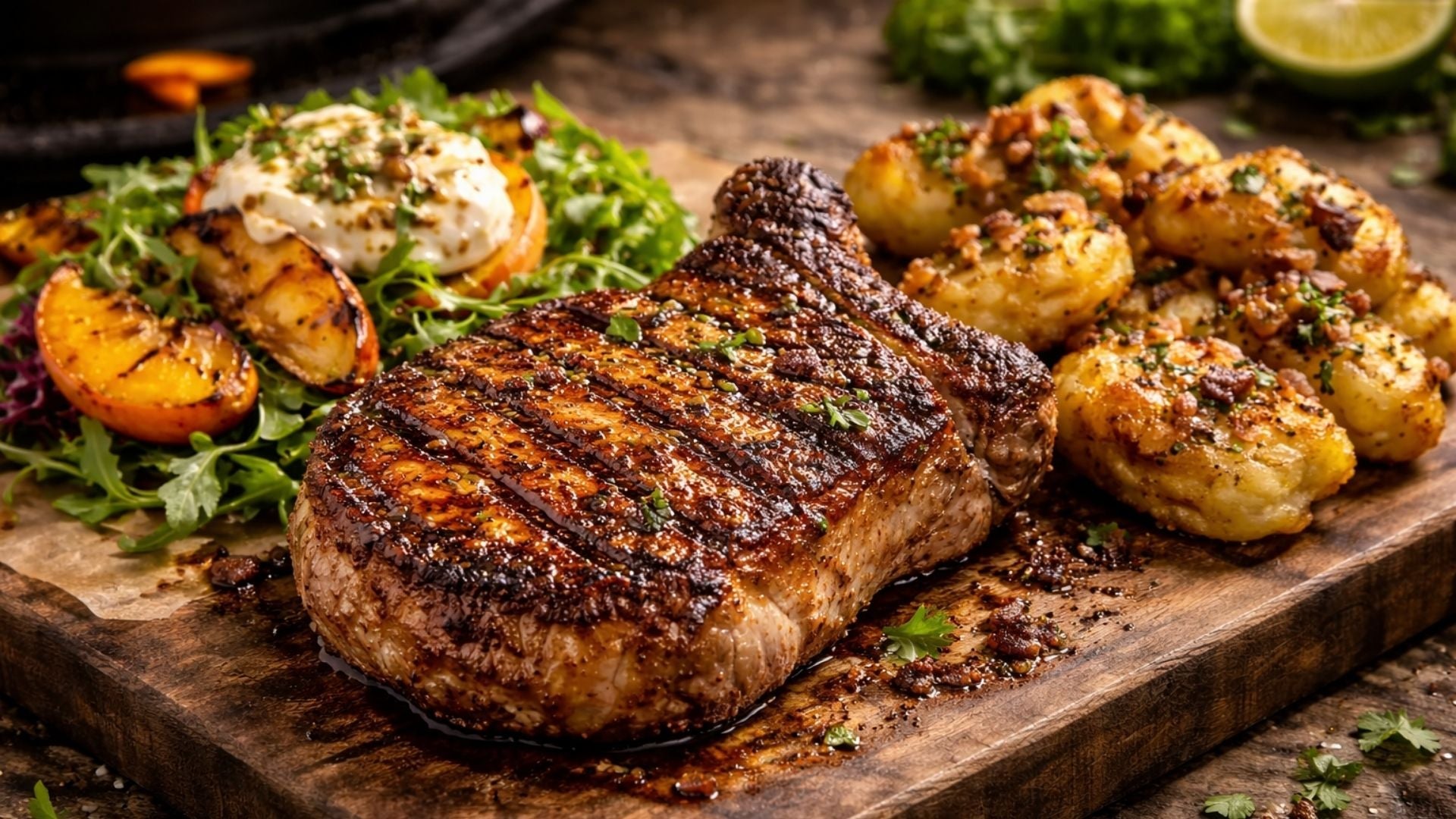 Schweinekotelett vom Gasgrill – mit Pfirsichsalat & knusprigen Kartoffel-Crush Cakes