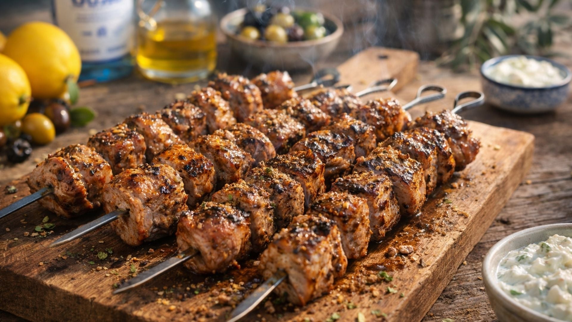 Saftige Souvlaki-Spieße aus Schweinefleisch vom Grill mit mediterranen Kräutern und griechischem Flair