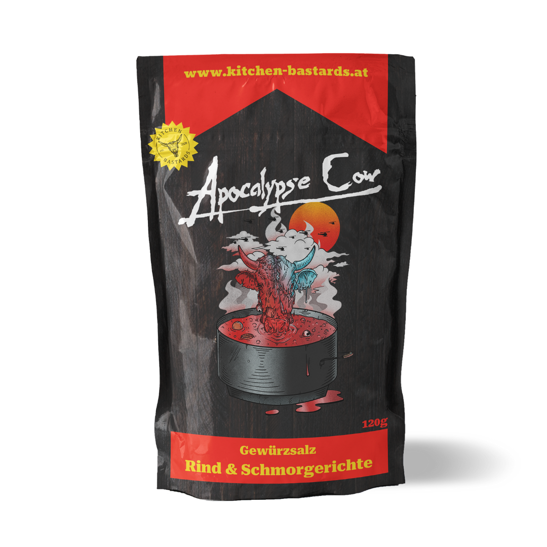 Apocalypse Cow Rind und Schmorgerichte Gewürz von Kitchen Bastards in schwarzer Verpackung mit Illustration für Rindfleischgerichte vom Grill, aus der Pfanne oder dem Schmortopf