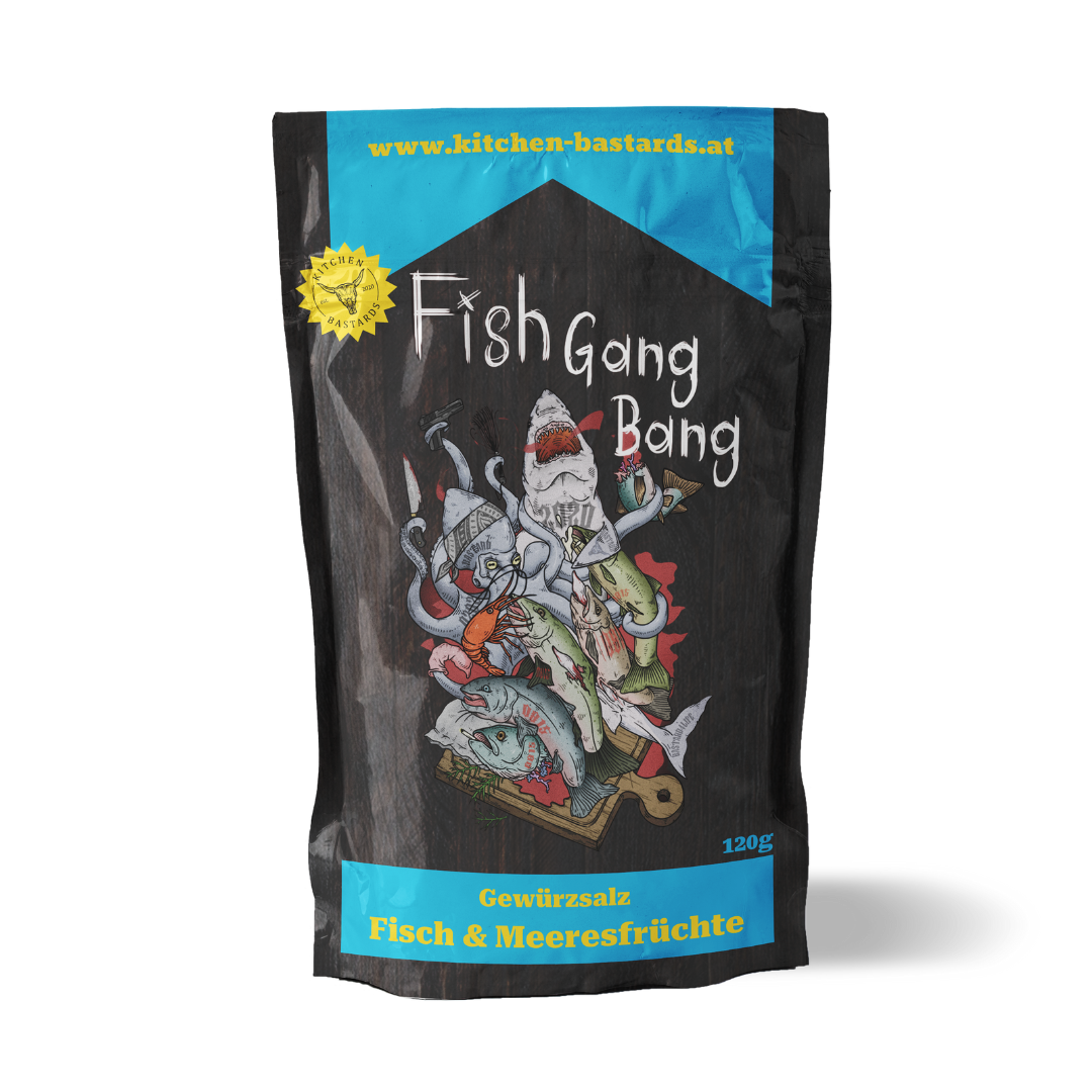 Fish Gang Bang Fisch und Meeresfrüchte Gewürz von Kitchen Bastards in schwarzer Verpackung mit Illustration für Fischgerichte vom Grill, aus der Pfanne oder dem Ofen