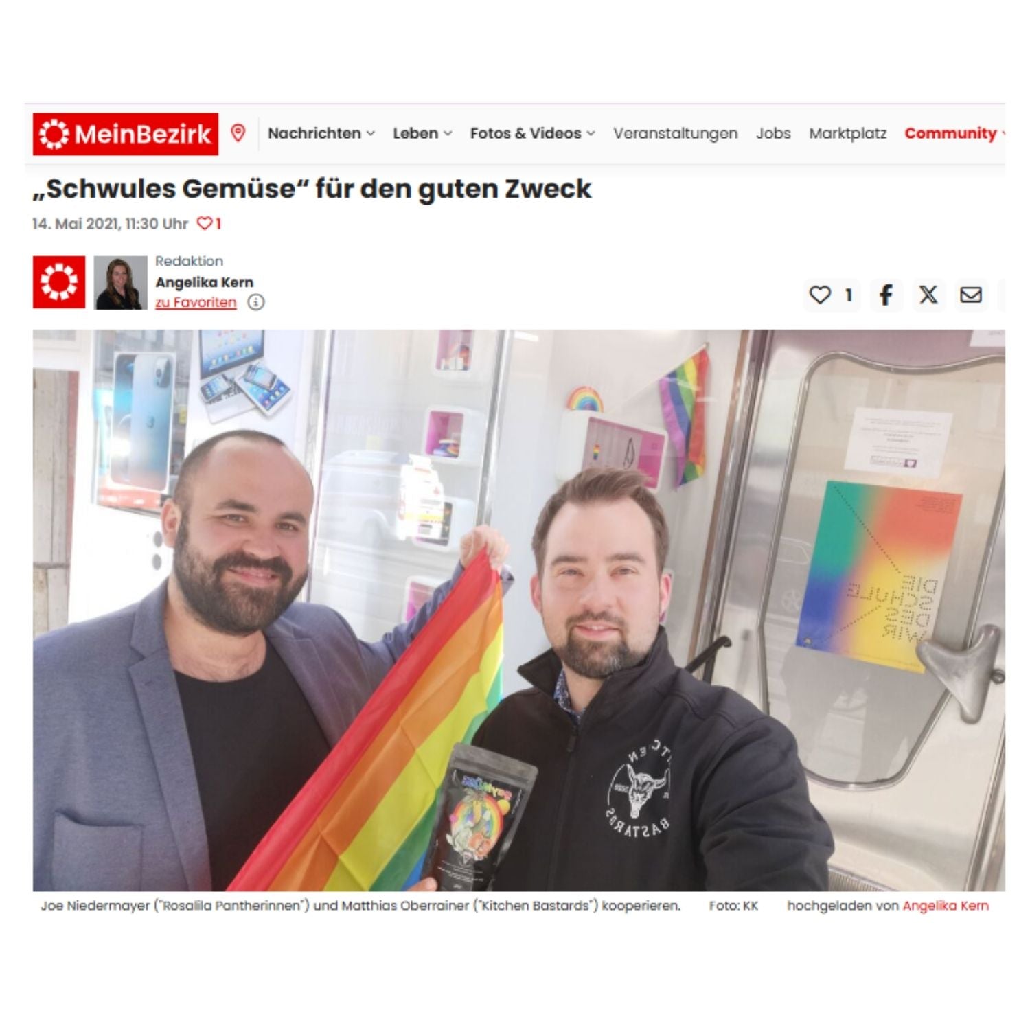 Pressefoto eines Medienberichts über Kitchen Bastards und eine Charity-Aktion mit Regenbogenflagge und Gewürzprodukt