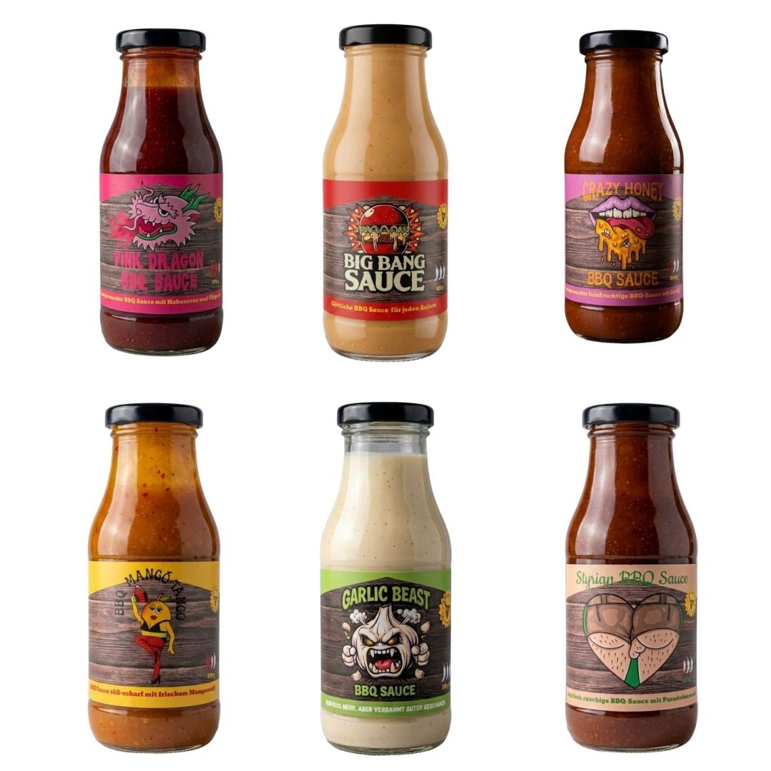 BBQ Saucen Probierpaket von Kitchen Bastards – sechs Barbecuesaucen im Set von mild bis scharf