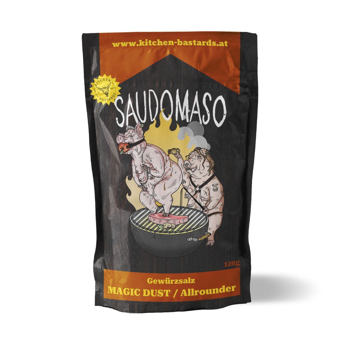 Saudomaso Magic Dust BBQ Gewürzmischung von Kitchen Bastards in schwarzer Verpackung für Schweinefleisch und Grillgerichte
