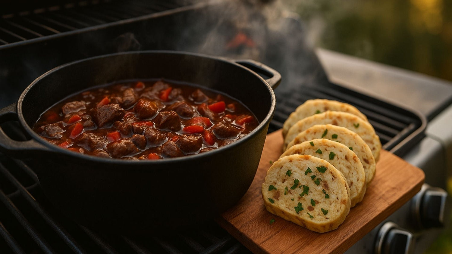 Gulasch vom Gasgrill mit Serviettenknödel – Apocalypse Style