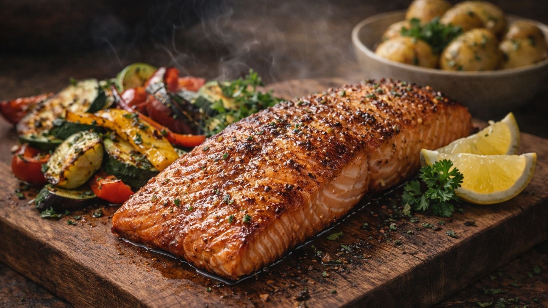 Gesmoktes Lachsfilet vom Grill mit feiner Rauchnote und frischer Beilage
