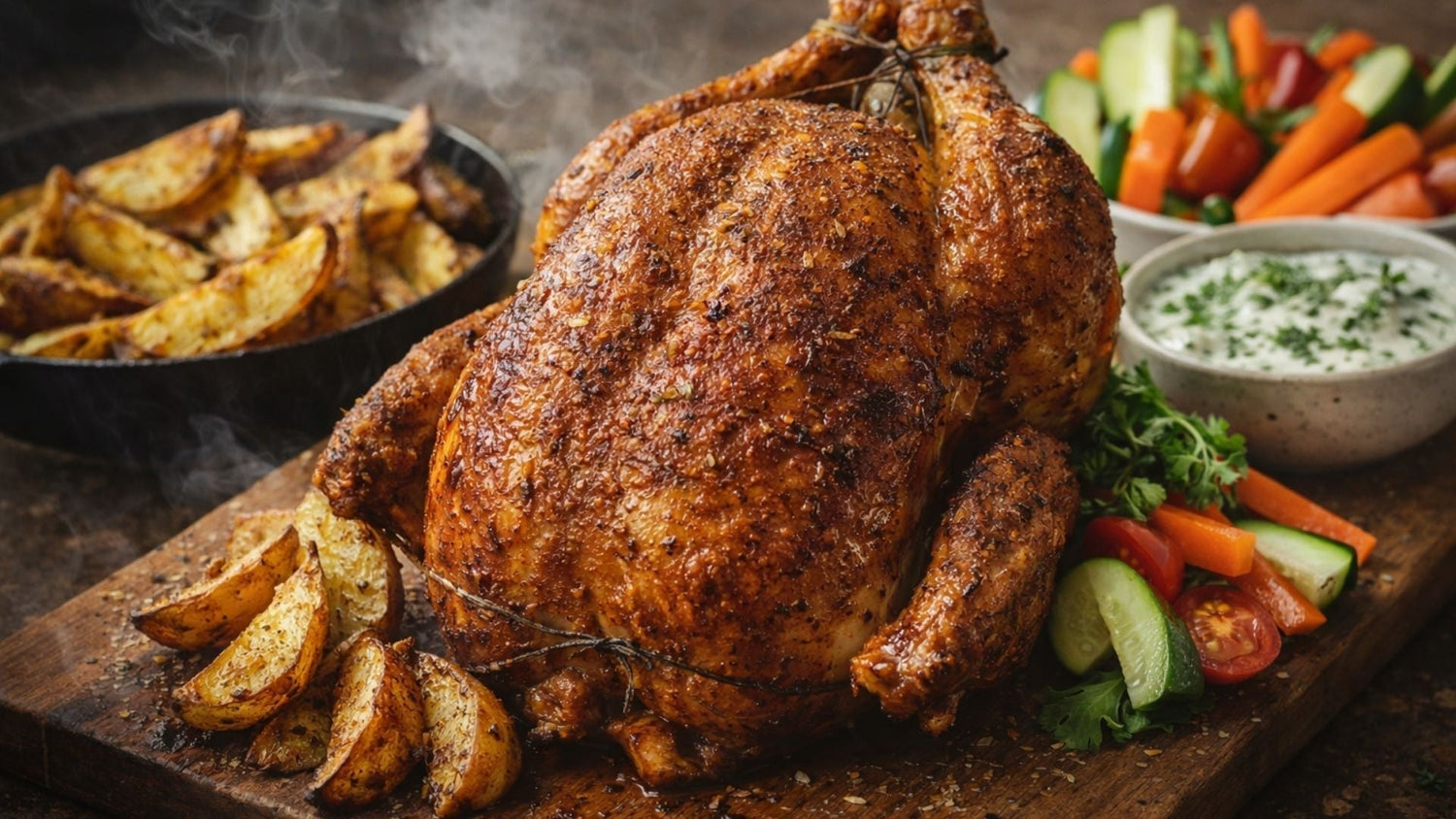 Saftiges Hähnchen vom Gasgrill mit goldbrauner Haut, knusprigen Kartoffelspalten aus der Gusseisenpfanne und Kräuter-Joghurt-Dip