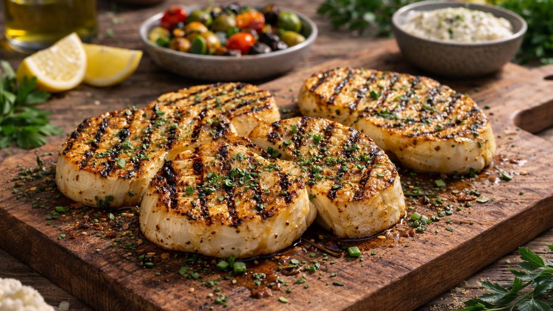 Goldbraun gegrillte Kohlrabi-Steaks mit Röstaromen und Kräuterwürze als vegetarisches Grillgericht