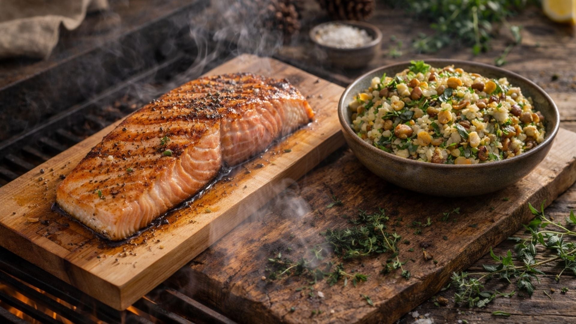 Saftiges Lachsfilet auf Zirbenrauchbrett mit feiner Rauchnote und alpiner Beilage vom Grill