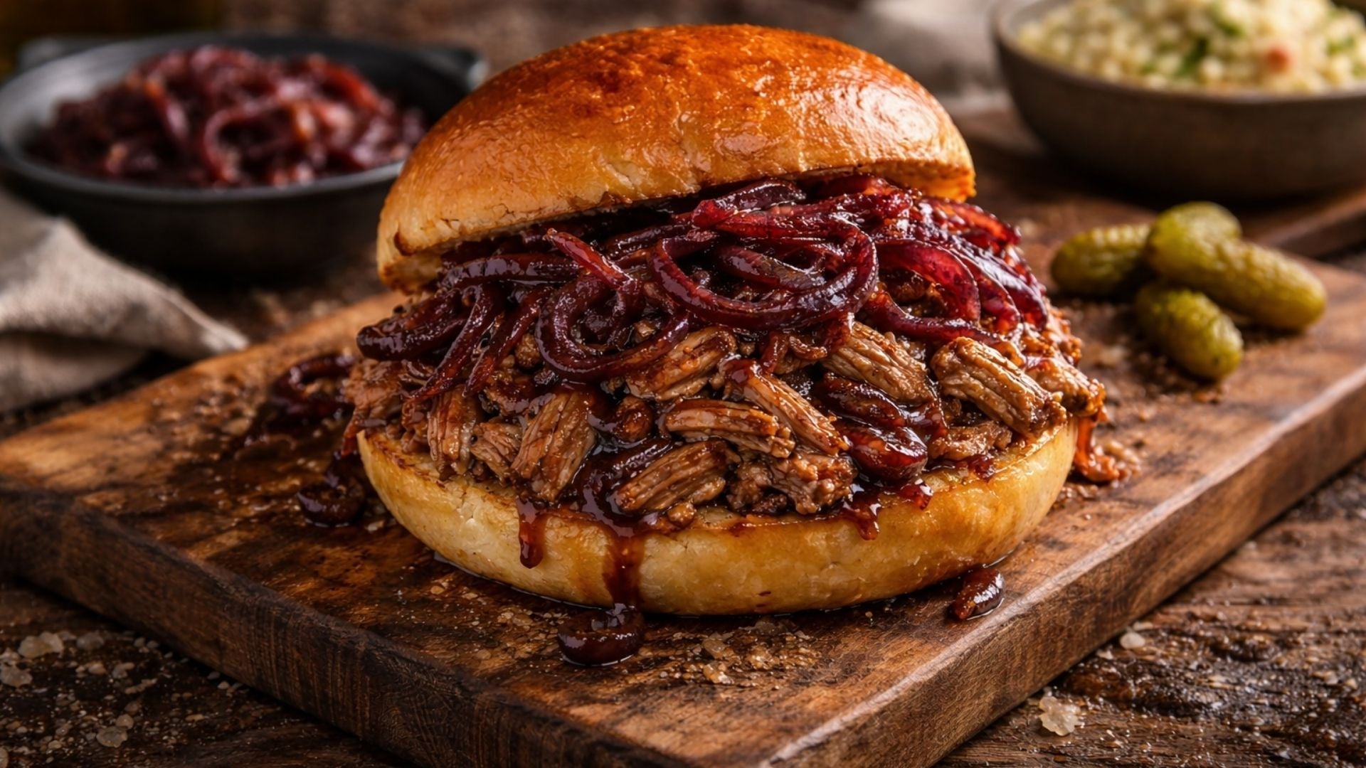 Pulled Pork im Brioche Bun mit karamellisierten roten Zwiebeln als saftiger BBQ-Burger