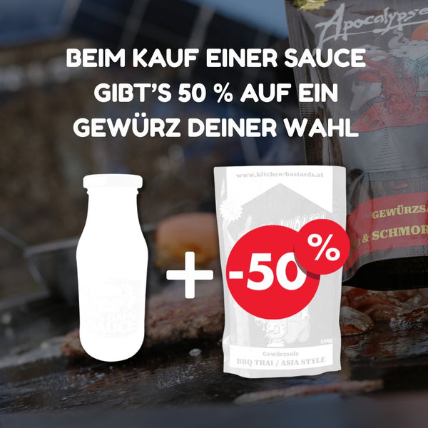Beim Kauf einer Sauce gibt’s 50 % auf ein Gewürz deiner Wahl