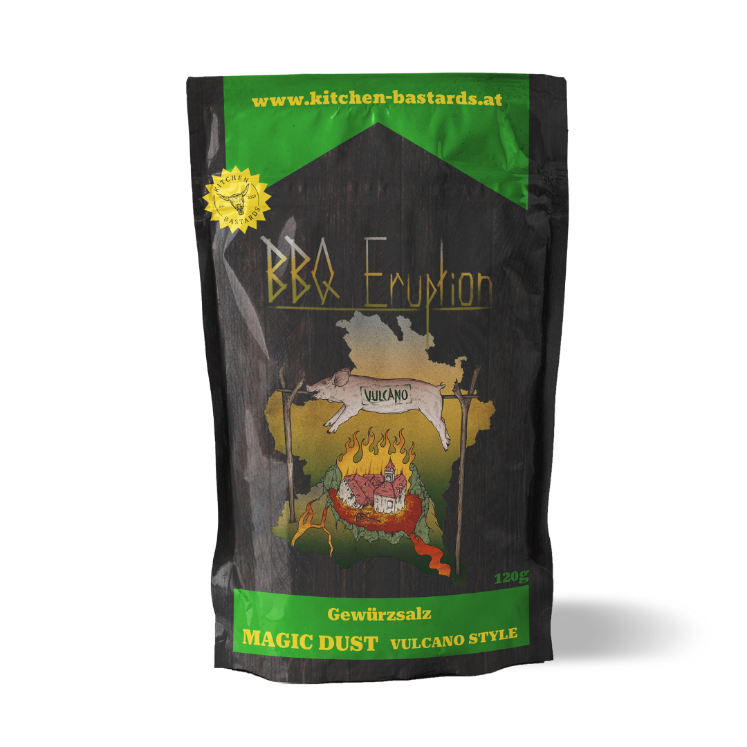 BBQ Eruption Magic Dust Vulcano Style Gewürz von Kitchen Bastards in schwarzer Verpackung mit Illustration für scharfe BBQ- und Grillgerichte