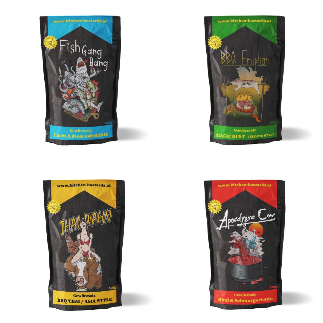 BBQ Gewürzset von Kitchen Bastards mit FishGangBang, BBQ Eruption, Thaiwahn und Apocalypse Cow für Grillen, Smoker und BBQ