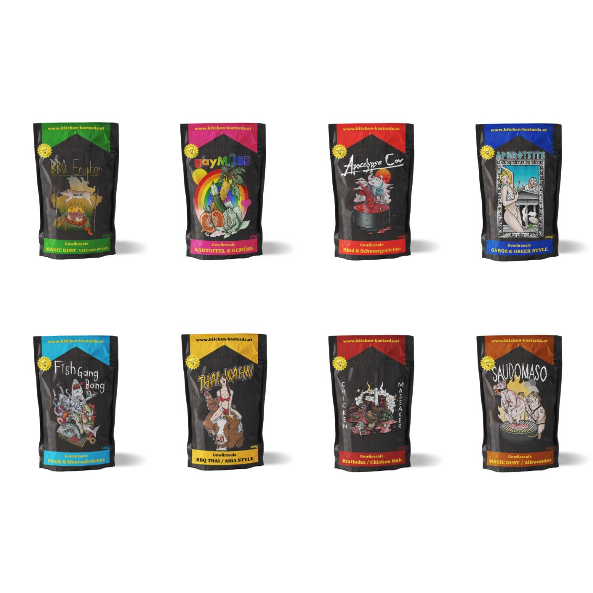 Bestseller Gewürz Set von Kitchen Bastards mit BBQ Thaiwahn, BBQ Eruption, Apocalypse Cow, gayMÜSE, Fish GangBang und Chicken Massaker