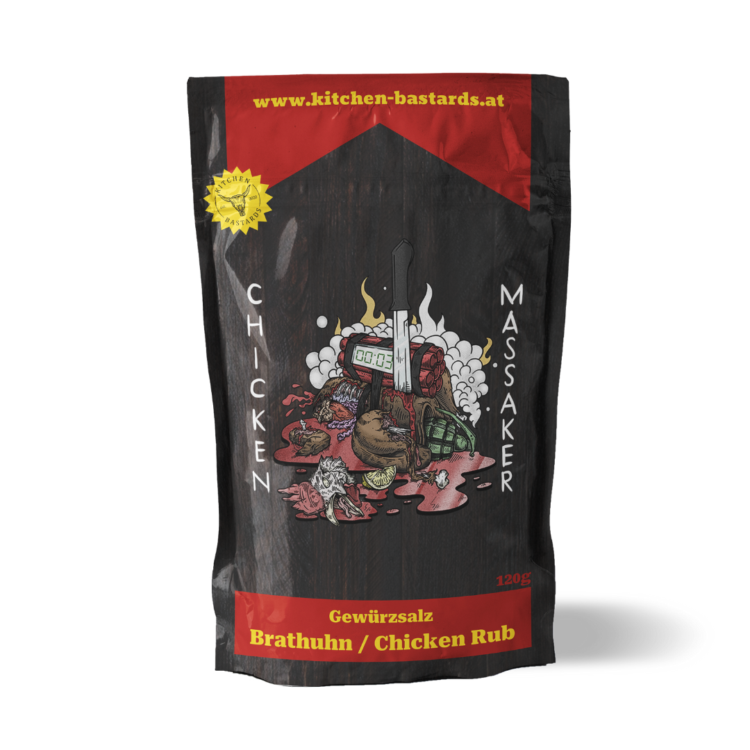 Chicken Massaker Brathuhn und Chicken Rub Gewürz von Kitchen Bastards in schwarzer Verpackung mit Illustration für Huhn- und Putengerichte vom Grill, aus der Pfanne oder dem Ofen