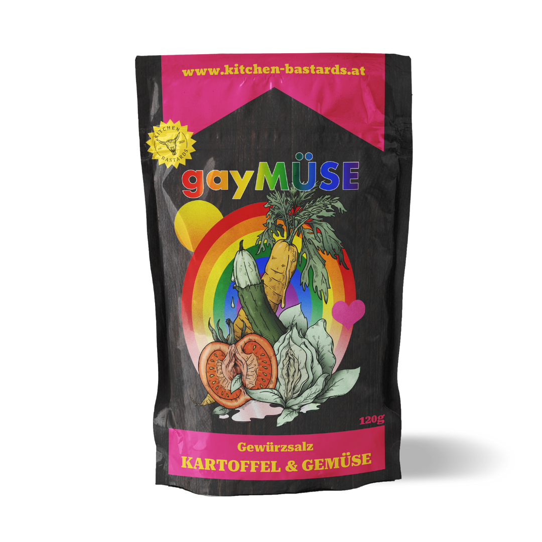 Gaymüse Kartoffel und Gemüse Gewürz von Kitchen Bastards in schwarzer Verpackung mit Illustration für Gemüse- und Beilagengerichte vom Grill, aus der Pfanne oder dem Ofen