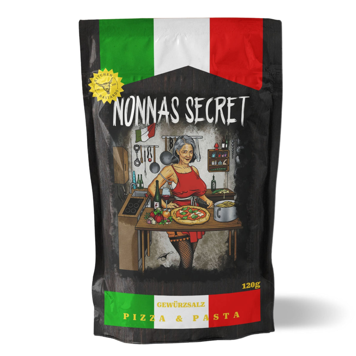 Nonnas Secret italienisches Gewürzsalz von Kitchen Bastards in schwarzer Verpackung für Pizza, Pasta, Sugo und mediterrane Küche