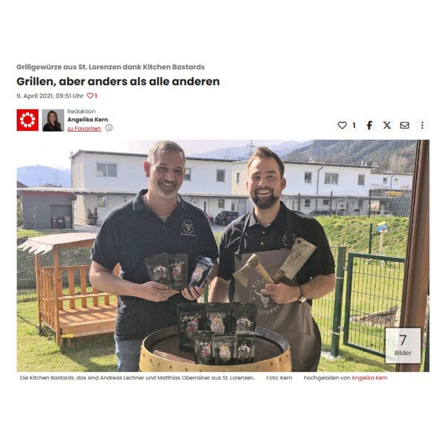 Pressefoto eines Zeitungsberichts über Kitchen Bastards aus St. Lorenzen mit Grillgewürzen und BBQ-Produkten im Außenbereich