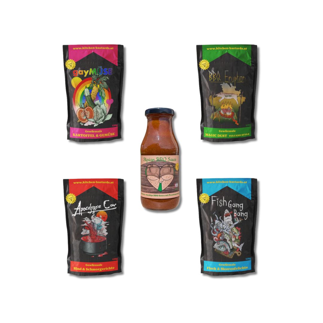 Styrian Bastard Set von Kitchen Bastards mit BBQ Eruption, Apocalypse Cow, gayMüse und Styrian BBQ Sauce, steirisches BBQ Bundle für Grill und Küche