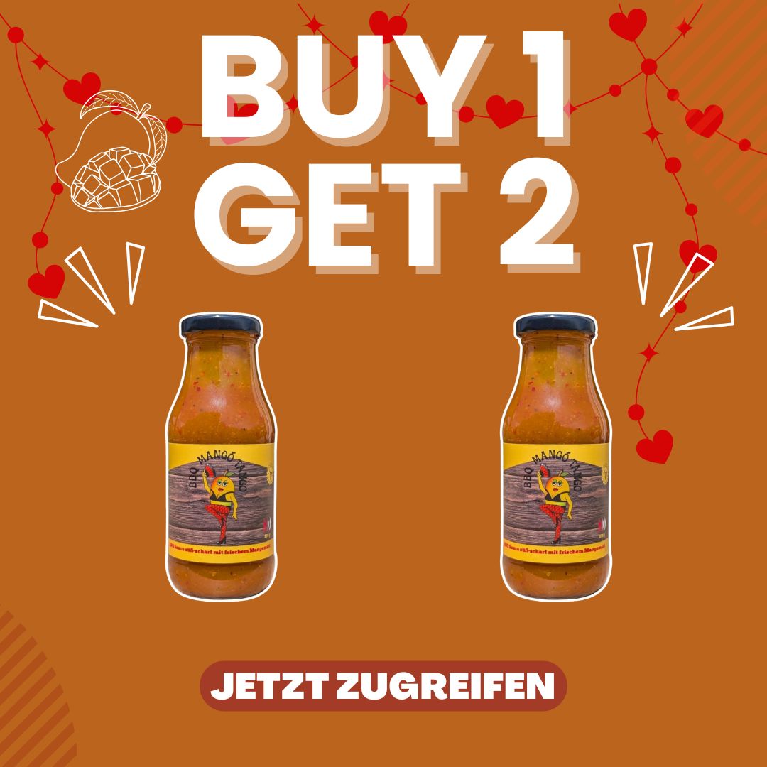 Valentinsaktion von Kitchen Bastards: Buy 1 Get 2 BBQ Saucen Angebot mit zwei Flaschen und Call-to-Action „Jetzt zugreifen“