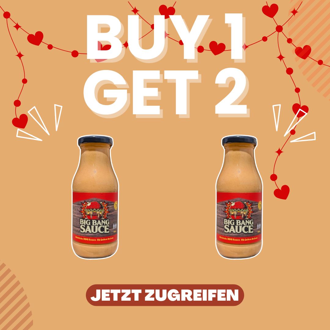 Valentinstagsaktion mit zwei Flaschen Big Bang Sauce von Kitchen Bastards und Schriftzug Buy 1 Get 2
