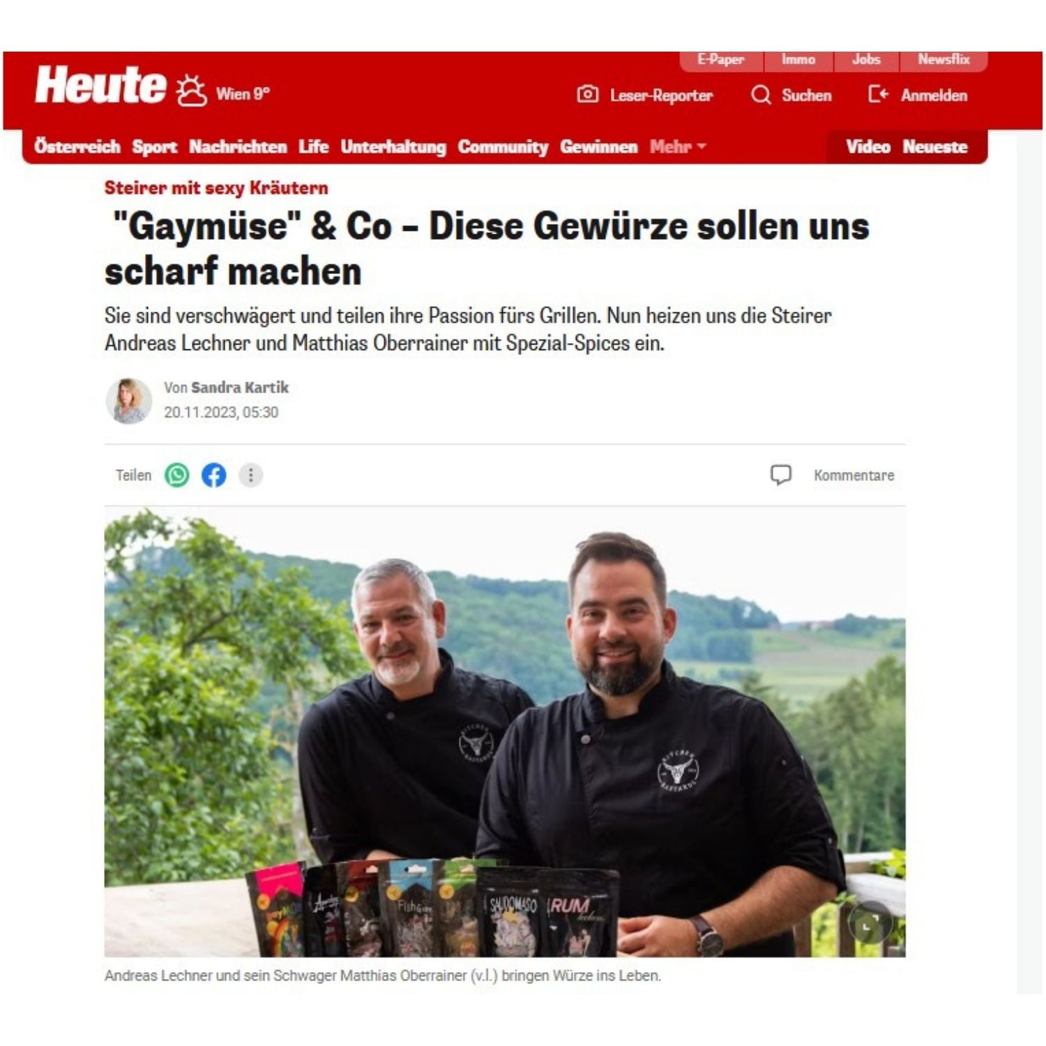 Pressefoto eines Zeitungsartikels über Kitchen Bastards Gewürze aus der Steiermark mit verschiedenen BBQ Gewürzmischungen